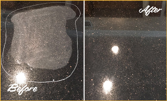 Before and After Picture of a Riva Granite Kitchen Countertop Honed to Eliminate Scratch