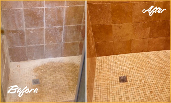 Before and After Picture of a Bowie Travertine Shower Honed to Remove Mineral Deposits