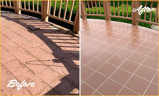 Before and After Picture of a Edgewater Hard Surface Restoration Service on a Tiled Deck