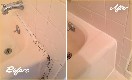 Before and After Picture of a Crofton Hard Surface Restoration Service on a Tile Shower to Repair Damaged Caulking