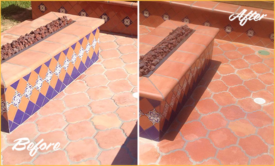 Before and After Picture of a Riva Hard Surface Restoration Service on a Dull Terracotta Patio Floor to Recover Its Color