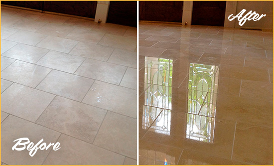 Before and After Picture of a Crownsville Hard Surface Restoration Service on a Dull Travertine Floor Polished to Recover Its Splendor