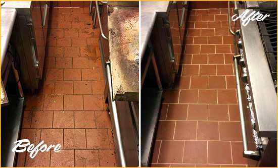 Before and After Picture of a Davidsonville Hard Surface Restoration Service on a Restaurant Kitchen Floor to Eliminate Soil and Grease Build-Up