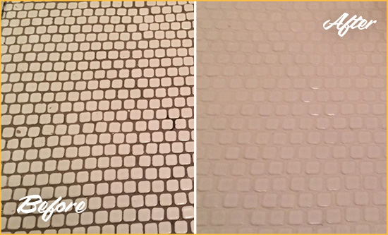 Before and After Picture of a Davidsonville Hard Surface Restoration Service on a Bathroom Tile Floor Recolored to Fix Grout Color