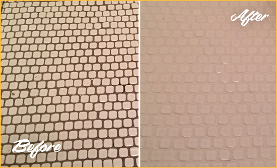 Before and After Picture of a Bowie Mosaic Tile floor Grout Cleaned to Remove Dirt