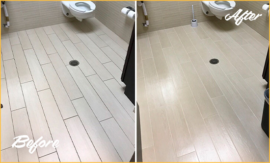 Before and After Picture of a Pasadena Office Restroom's Grout Cleaned to Remove Dirt