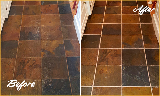 Before and After Picture of Annapolis Slate Floor Grout Cleaned to Remove Dirt