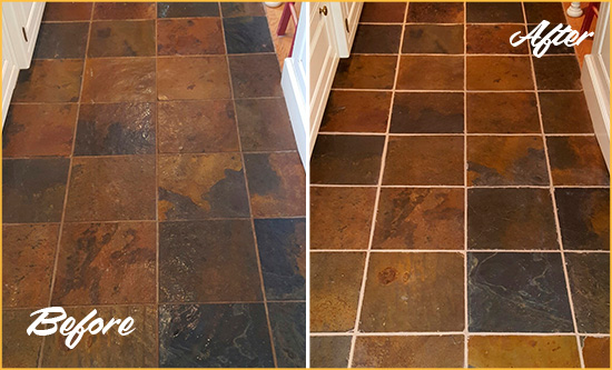 Before and After Picture of Severn Slate Floor Grout Cleaned to Remove Dirt