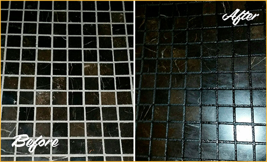 Before and After Picture of a Harwood Black Floor with Recolored Grout