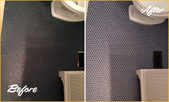 Before and After Picture of a Crownsville Blue Tile Floor Recolored Grout