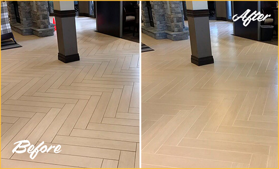 Before and After Picture of a Crofton Office Lobby Floor Recolored Grout