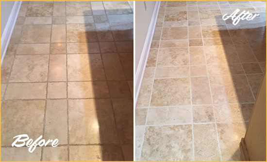 Before and After Picture of a Harwood Travertine Kitchen Floor Recolored Grout