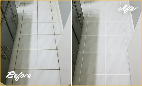 Before and After Picture of a Crownsville White Ceramic Tile with Recolored Grout