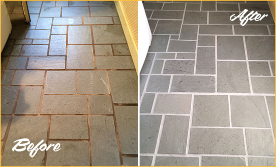 Before and After Picture of Damaged Harwood Slate Floor with Sealed Grout