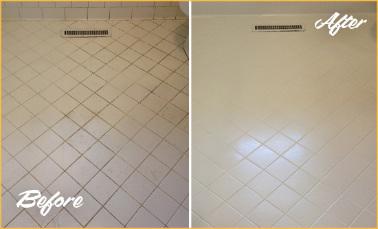 Before and After Picture of a Odenton White Bathroom Floor Grout Sealed for Extra Protection