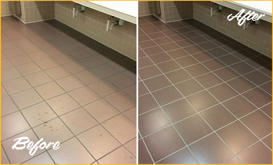 Before and After Picture of Dirty Crownsville Office Restroom with Sealed Grout