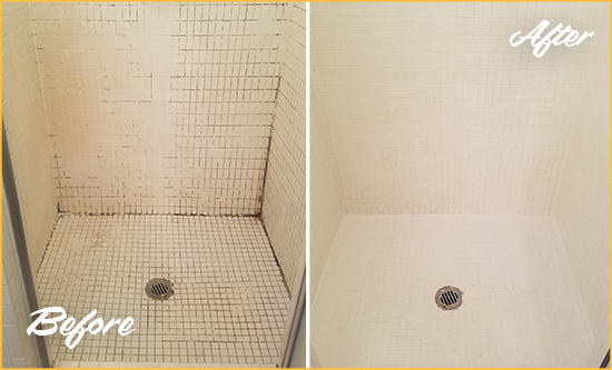 Before and After Picture of a Pasadena Bathroom Grout Sealed to Remove Mold