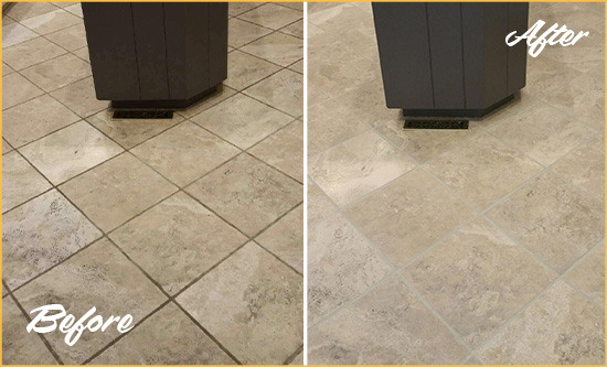 Before and After Picture of a Harwood Kitchen Floor Grout Sealed to Remove Stains