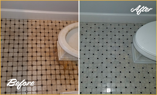 Before and After Picture of a Harwood Bathroom Floor Cleaned to Remove Embedded Dirt