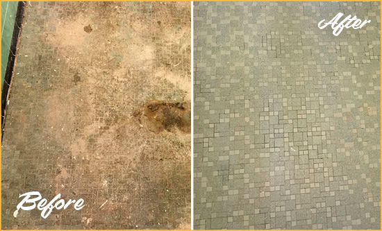 Before and After Picture of a Riva Mosaic Shower Cleaned to Eliminate Embedded Dirt