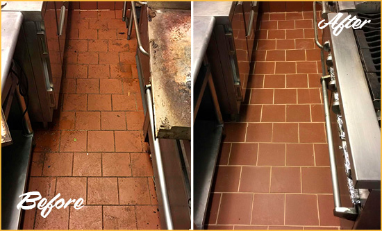 Before and After Picture of a Dull Riva Restaurant Kitchen Floor Cleaned to Remove Grease Build-Up