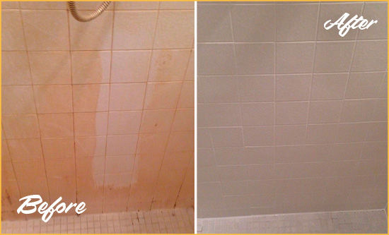 Before and After Picture of a Millersville Porcelaine Shower Cleaned to Remove Soap Scum