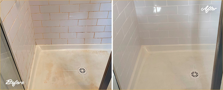 Shower Before and After Our Grout Cleaning in Severn, MD