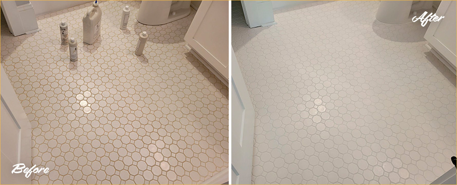 Bathroom Floor Before and After a Superb Grout Recoloring in Severna Park, MD