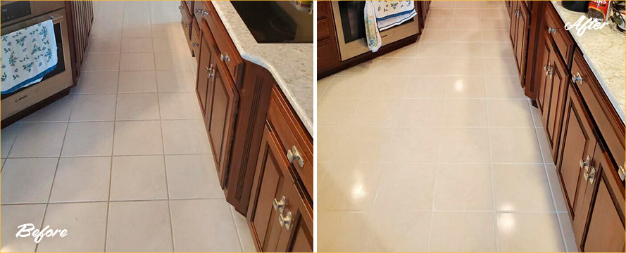 Kitchen Floor Before and After a Service from Our Tile and Grout Cleaners in Annapolis