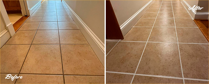 Hallway Floor Before and After a Service from Our Tile and Grout Cleaners in Edgewater