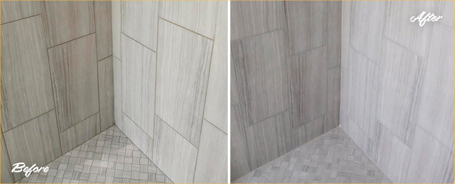 Shower Before and After a Superb Grout Cleaning in Crownsville, MD