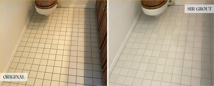 Bathroom Floor Before and After a Grout Cleaning in Edgewater, MD