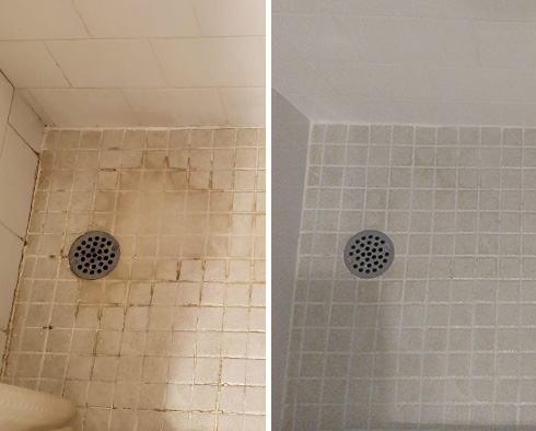 Shower Floor and Seams Before and After a Service from Our Tile and Grout Cleaners in Millersville