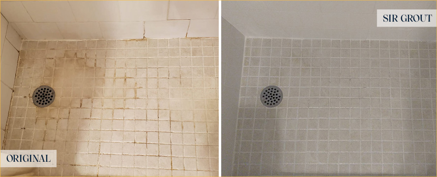 Shower Floor and Seams Before and After a Service from Our Tile and Grout Cleaners in Millersville