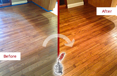 Before and After Picture of a Bowie Wood Sand Free Refinishing Service on a Dull Floor to Recover Its Sheen