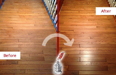 Sir Grout Refinished This Dull Bowie Hallway Floor with a Sand Free Refinishing Service Before and After Picture of a Bowie Wood Sand Free Refinishing Service on a Dull Hallway