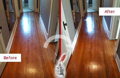 Sir Grout Refinished This Bowie Wood Floor with a Sand Free Refinishing Service to Eliminate Scratches Before and After Picture of a Bowie Wood Sand Free Refinishing Service on a Floor to Eliminate Scratches