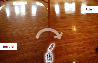 Before and After Picture of a Bowie Wood Sand Free Refinishing Service on a Room Floor to Remove Scratches