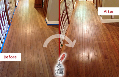 Sir Grout Refinished This Worn Out Bowie Wood Floor with a Sand Free Refinishing Service Before and After Picture of a Bowie Wood Sand Free Refinishing Service on a Worn Out Floor