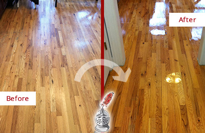 Before and After Picture of a Bowie Wood Sand Free Refinishing Service on a Worn Out Hallway