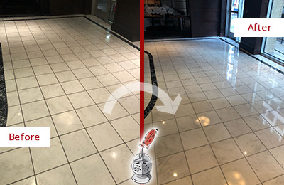 Sir Grout Annapolis Stone Services Help Maintain, Clean, and Polish Building Lobbies and Commercial Offices Stone Surfaces Picture of a Building Marble Entrance Floor Before and After Stone Restoration, Cleaning and Polishing