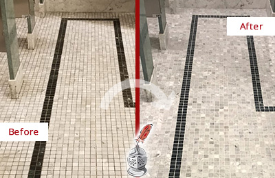 Before and After Picture of a Hospital Travertine Bathroom Floor Stone Cleaning Service