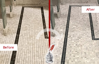 Sir Grout Annapolis Stone Cleaning Services Can Help Repair the Look of this Grimy Hospital's Restroom Before and After Picture of a Hospital Travertine Bathroom Floor Stone Cleaning Service