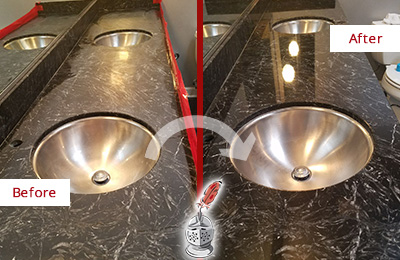 Sir Grout Annapolis Stone Services Are Ideal for Enhancing Restrooms Marble Countertops and Keep Them Perfect All Year Round Picture of an Office Restroom's Marble Countertop Before and After Color Enhancement and Restoration