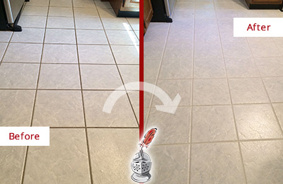 Before and After Picture of a Bowie Kitchen Ceramic Floor Sealed to Protect From Dirt and Spills