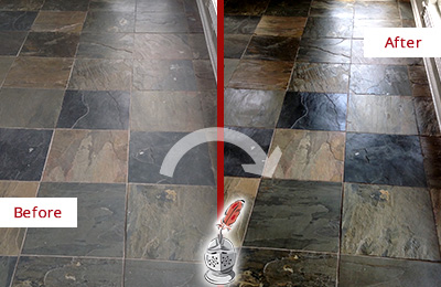 Sir Grout Seals this Dull Bowie Slate Floor to Bring Back Its Colors Before and After Picture of a Dull Bowie Slate Floor Sealed to Bring Back Its Colors