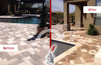 Sir Grout Seals this Faded Bowie Travertine Pool Deck For Extra Protection Before and After Picture of a Faded Bowie Travertine Pool Deck Sealed For Extra Protection