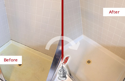Before and After Picture of a Bowie Shower Sealed to Remove and Protect Against Mold