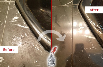 Before and After Picture of a Bowie Marble Countertop Cleaned to Remove Deep Dirt