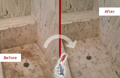 Sir Grout Cleans this Dirty Bowie Marble Shower to Eliminate Dark Stains Before and After Picture of a Dirty Bowie Marble Shower Cleaned to Eliminate Dark Stains